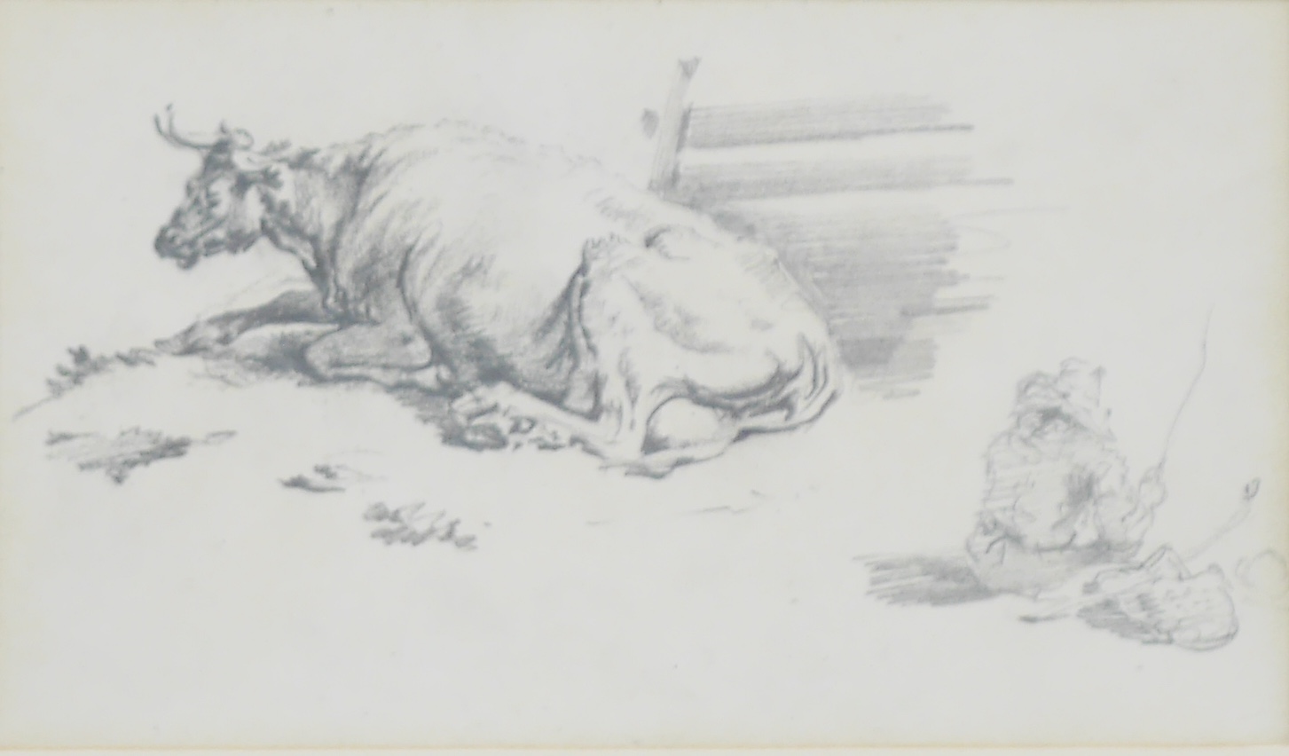 George Cuitt (1779-1854), pencil sketch, Recumbent cow and figure fishing, unsigned, inscribed verso, 8 x 14cm. Condition - good